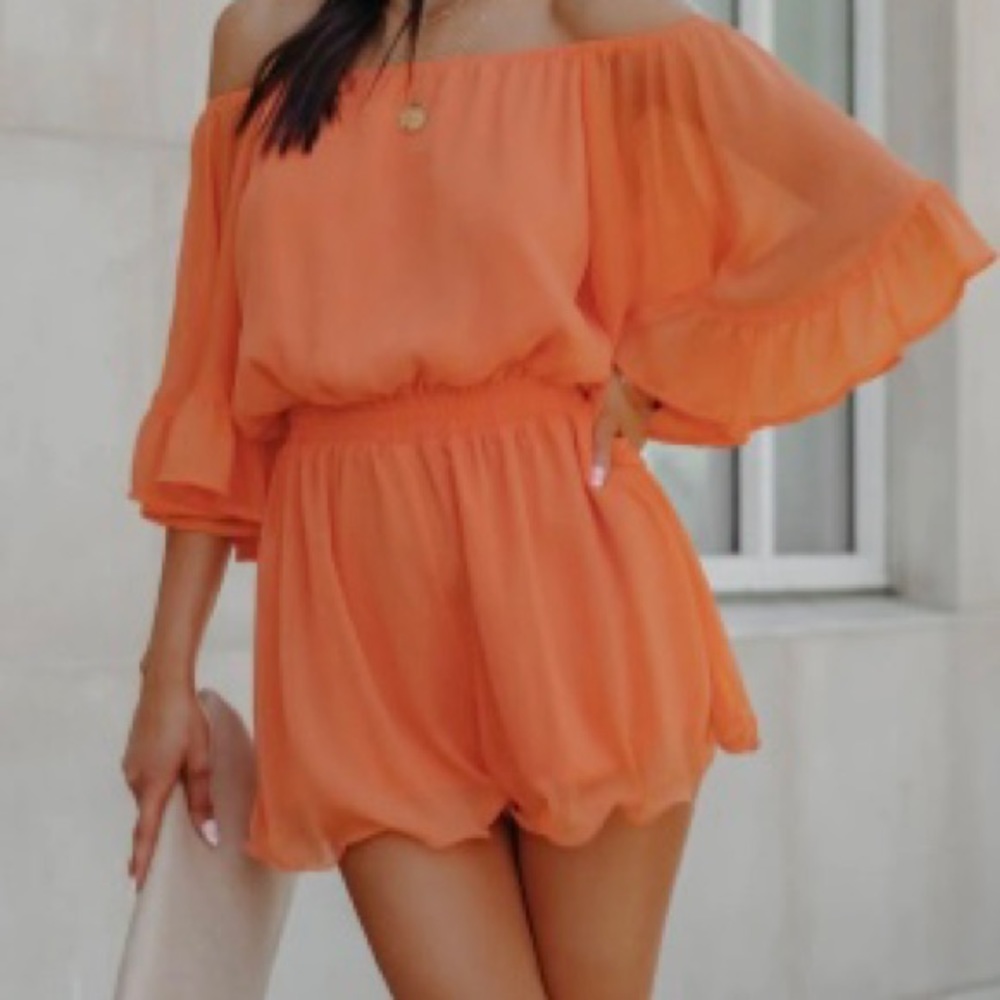 Vici 🍊Endless Rose Definitely Demure Orange Off the Shoulder Romper Sz XS - NWT